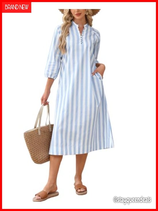 Dresses & Skirts - Women's 100% Cotton Striped Midi Shift Dress with Pockets